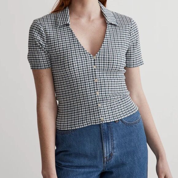 Madewell Crinkled Button-Down Shirt Plaid Purple Cottagecore Milkmaid - Picture 3 of 12